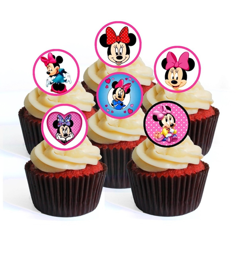 24 Minnie Mouse PRECUT Edible Cupcake Toppers wafer card disc cake decorations Stand UpLie Flat