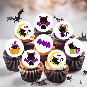 Halloween Black Cats Theme Edible Cupcake Toppers  - Spooky Wafer Cake Decorations