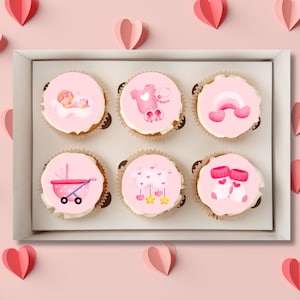 Toppers de cupcake comestíveis para chá de bebê rosa - decorações para bolo de menina