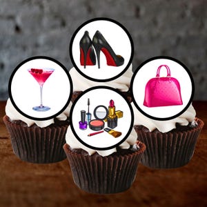 Sacs, chaussures + maquillage décorations pour cupcakes comestibles - biscuits tendance + décorations de gâteau