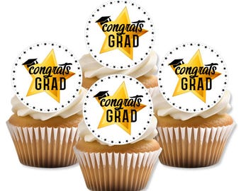 Adornos comestibles para cupcakes con estrellas doradas "Felicidades Graduado" - Decoraciones para tartas de graduación