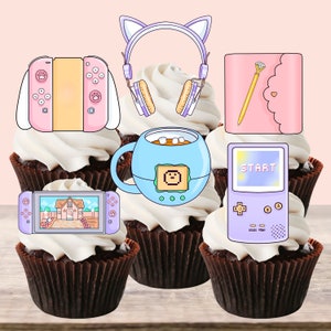Décorations comestibles pour cupcakes Girl Gamer - Décoration pour gâteau thème gaming rose pastel #2