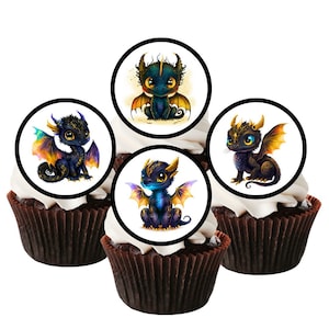 Essbare Cupcake Toppers - Niedliche schwarze Drachen Thema Kuchendekorationen