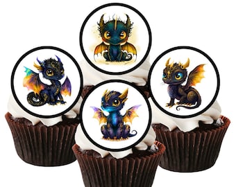 Dragon Edible Cupcake Toppers - Cute Black Dragons Theme Cake Decorations