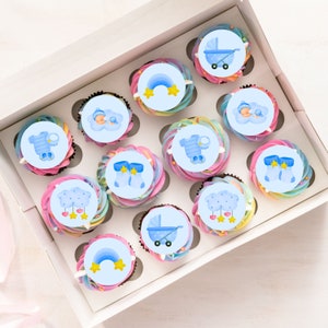 Blauwe eetbare cupcaketoppers voor babyshower - New Baby Boy Cake Decorations