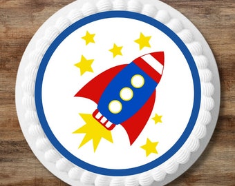 Adorno comestible para tarta con forma de cohete precortado: decoración para tarta con temática espacial de 7 pulgadas