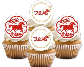 Adornos comestibles para cupcakes con forma de caballo para el Año Nuevo Chino 2026, adornos para tartas de oblea roja y dorada