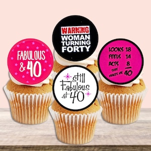 Toppers per cupcake commestibili per il 40° compleanno - 40 & Fabulous Pink Cake Decorations