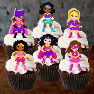 Toppers de cupcake comestíveis de super-heroína - decorações de bolo de bolacha de super-heroína rosa nº 2