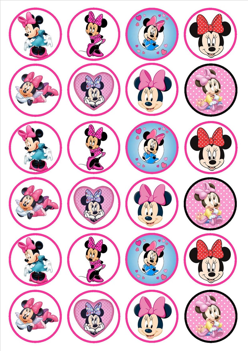 24 Minnie Mouse PRECUT Edible Cupcake Toppers wafer card disc cake decorations Stand UpLie Flat