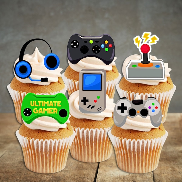 Gamer Edible Cupcake Toppers (PRECUT Optional) - Gaming Theme Premium Thickness SWEETENED VANILLA - wafer card disc cake decorations