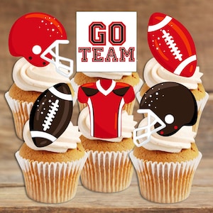 American Football essbare Cupcake Toppers - Go Team Rot + Schwarz Tortendekoration