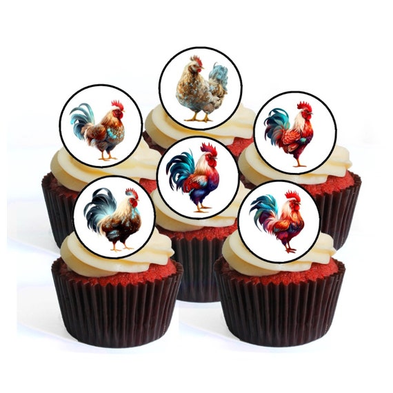 24 adornos comestibles para cupcakes de pollos precortados opcionales  lindos pollos tema oblea tarjeta disco torta decoraciones Stand Up/Tumbado  plano -  España