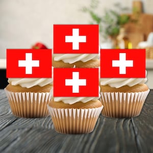 Adornos comestibles para cupcakes con la bandera de Suiza: obleas con temática suiza para galletas y pasteles
