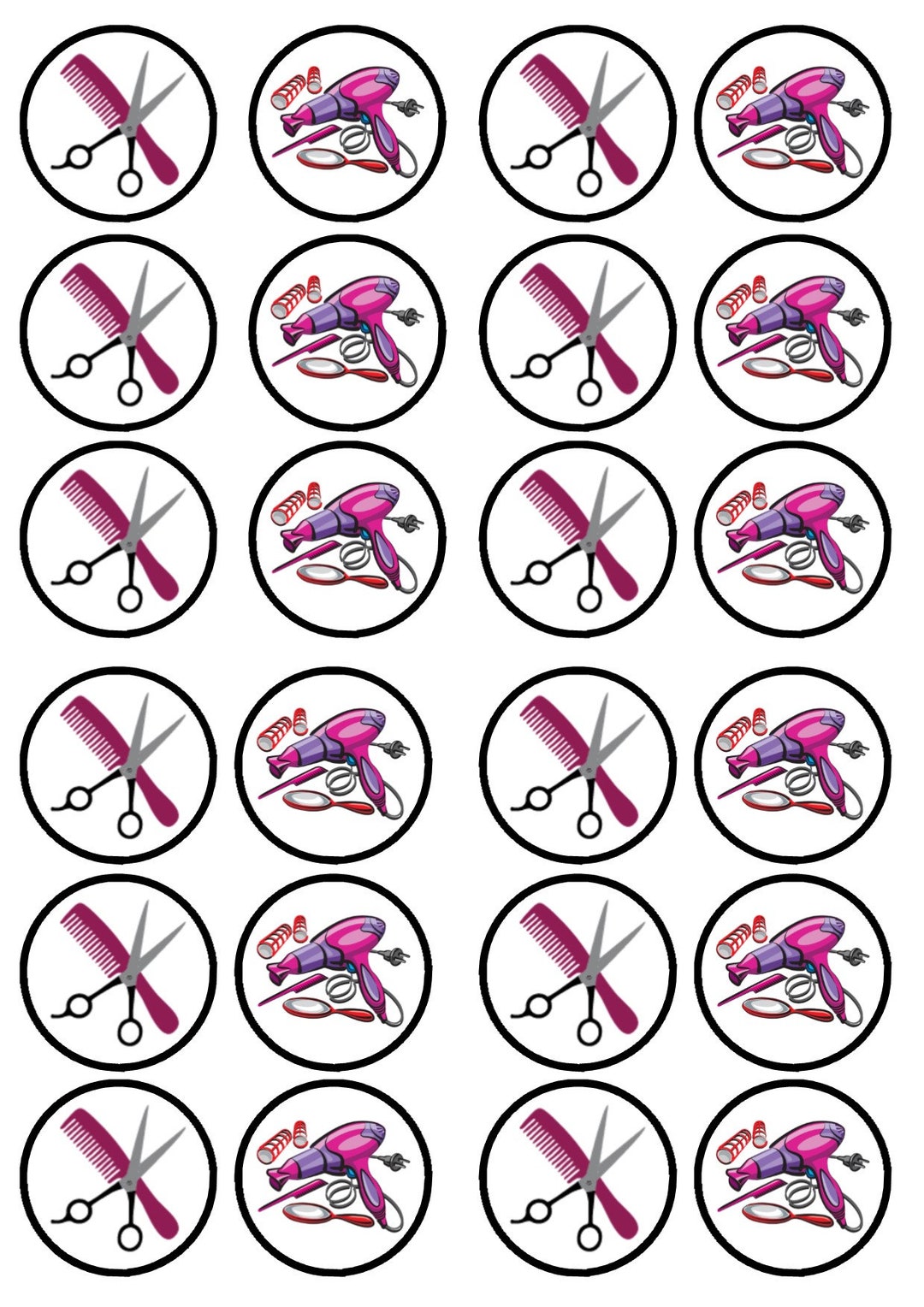24 Hairdresser Edible Cupcake Toppers PRECUT Option Hair Salon Theme Wafer Card Disc Cake