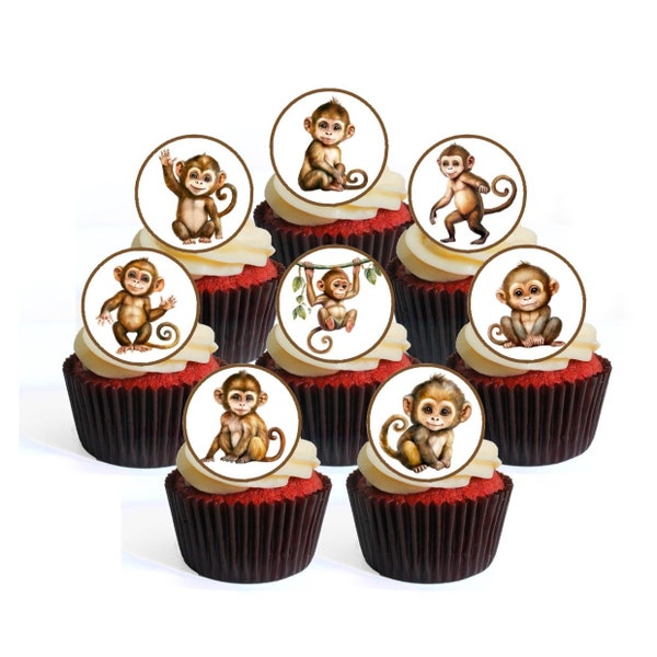 24 Monkey Edible Cupcake Toppers (PRECUT Optional) - Jungle Monkey Theme wafer card disc cake decorations Stand Up/Lie Flat