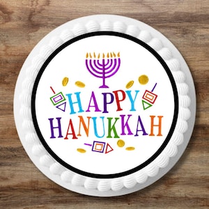 Décoration de gâteau comestible Happy Hanukkah PRÉDÉCOUPÉE - Décoration de gâteau de fête de 7 pouces