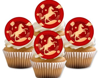Adornos comestibles para cupcakes con forma de caballo para el Año Nuevo Chino, adornos para tartas de oblea de color rojo y dorado.