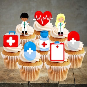 Topper per cupcake ospedalieri n. 4, PRETAGLIATI facoltativo - Decorazioni per torte commestibili per dottori, festa di compleanno per infermieri, topper per torta per infermieri, cupcake per dottori