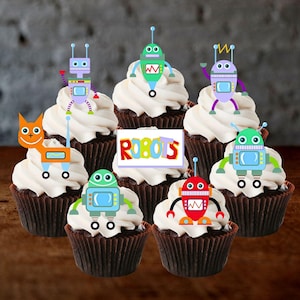 Robots Edible Cupcake Toppers - Robot Theme Cake Decorations