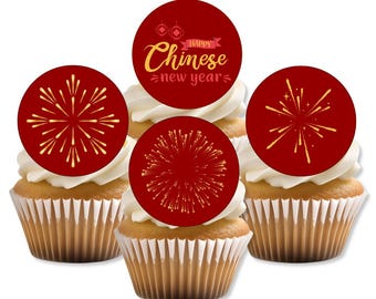 Adornos comestibles para cupcakes con fuegos artificiales de Año Nuevo chino, adornos para pasteles de oblea rojos y dorados