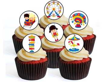 24 Fun Fair Carnival Theme Edible Cupcake Toppers (PRECUT Optional) - wafer card disc cake decorations Stand Up/Lie Flat