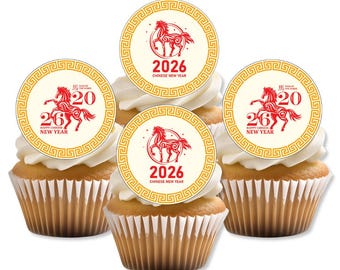 Adornos comestibles para cupcakes con forma de caballo para el Año Nuevo Chino 2026, adornos para tartas de oblea roja y dorada