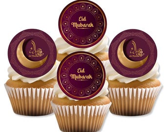 Adornos comestibles para cupcakes con motivo del Eid Mubarak rojo y dorado.