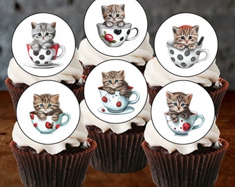 Cute Cats Edible Cupcake Toppers - Kittens in Teacups Cake Decorations