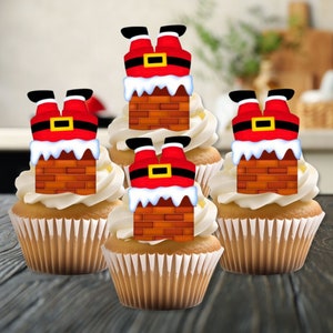 Adornos comestibles para cupcakes con Papá Noel atrapado en la chimenea - Adornos para tartas con obleas