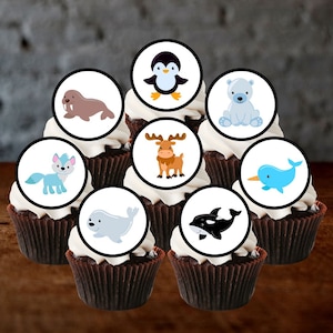 Adornos comestibles para cupcakes con animales del Ártico: decoraciones para tartas con temática de invierno