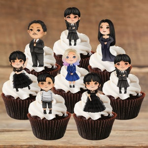 Adornos comestibles para cupcakes con temática de miércoles: adornos para tartas de Halloween con obleas