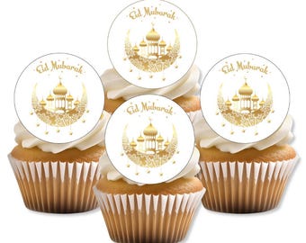 Adornos comestibles para cupcakes con oblea de mezquita islámica dorada para Eid Mubarak