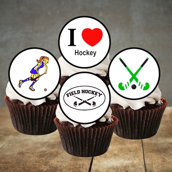 24 Field Hockey Edible Cupcake Toppers (PRECUT Optional) - wafer card disc cake decorations Stand Up/Lie Flat