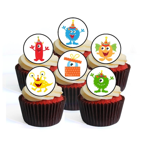 24 Birthday Party Monsters Edible Cupcake Toppers (PRECUT Optional) - Monster Theme wafer card disc cake decorations Stand Up/Lie Flat