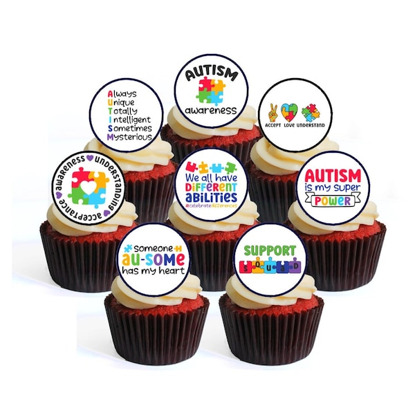 24 Autism Awareness Edible Cupcake Toppers (PRECUT Optional) - Jigsaw Theme wafer card disc cake decorations Stand Up/Lie Flat