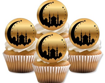 Adornos comestibles para cupcakes con silueta de mezquita y decoraciones islámicas para Eid Mubarak.