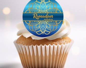 Adornos comestibles para cupcakes con oblea islámica azul y dorada para el Ramadán Mubarak
