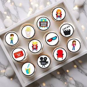 Eetbare cupcaketoppers filmavond - Taartversieringen theaterthema