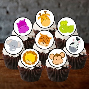 Eetbare cupcaketoppers jungledieren - Taartversieringen cartoon dierenkop