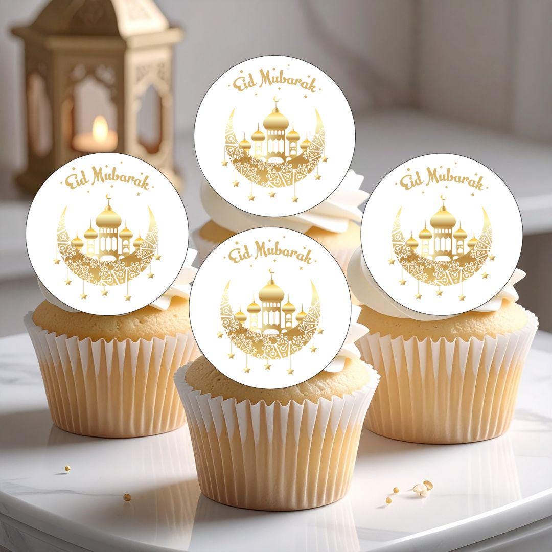 24 Pics Cupcakes Eid Mubarak Or Et Argent – Toppers Pailletés Lune Et Château Pour Ramadan, Aïd Et Fêtes Islamiques – Décoration Gâteau Festive