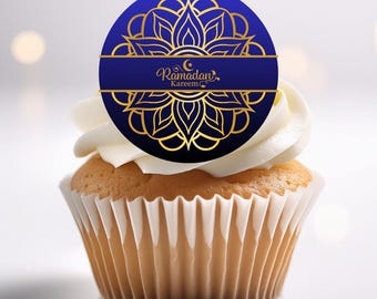 Adornos comestibles para cupcakes de Ramadán Kareem, decoraciones islámicas para tartas con obleas azules y doradas