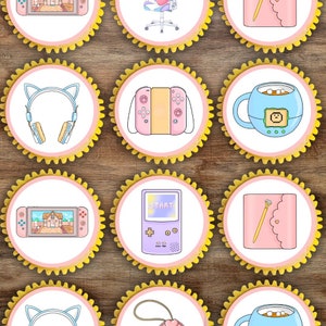 Adornos comestibles para cupcakes con forma de gamer girl - Decoraciones para pasteles con control de juegos en colores pastel