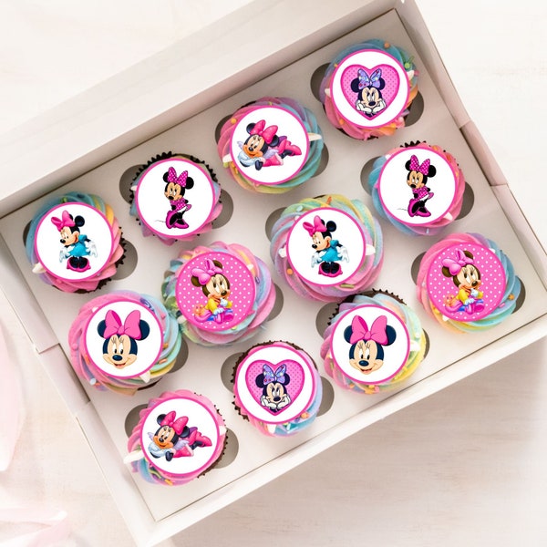 48 Minn!e Cupcake Toppers (PRECUT Optional) Princess Mouse Theme Edible Mini Discs, Premium Thickness SWEETENED, Wafer Card Cake Decorations