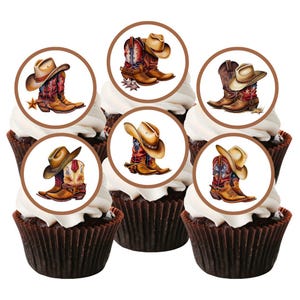 Toppers de cupcake comestíveis de botas de cowboy - decorações de biscoitos e bolos com tema de cowboy