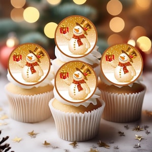 Adornos comestibles para cupcakes con forma de muñeco de nieve: adornos festivos para tartas con obleas n.° 2
