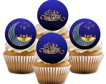 Adornos comestibles para cupcakes con la luna azul de Eid Mubarak y la mezquita islámica.
