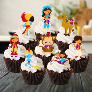 Adornos comestibles para cupcakes con temática de Aladino: decoraciones para tartas de princesas