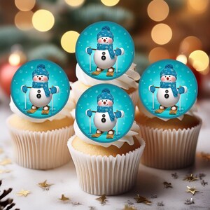 Ski fahren Schneemann essbare Cupcake Toppers - Oblate Karte Weihnachten Kuchen Dekorationen