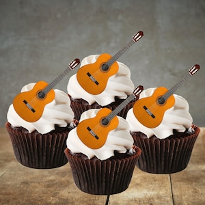 Eetbare cupcaketoppers akoestische gitaar - Taartversieringen met muziekthema